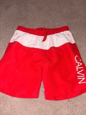 Calvin Klein Red & White Men’s Colorblock Swim Trunks